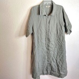 FLAX lagenlook button down shirt dress pockets sz L